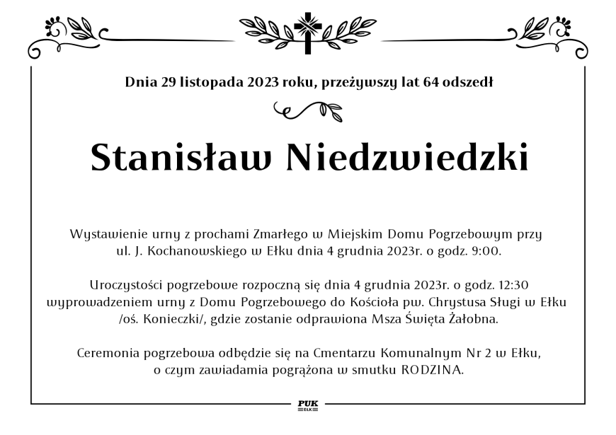 Stanisław Niedźwiecki - nekrolog